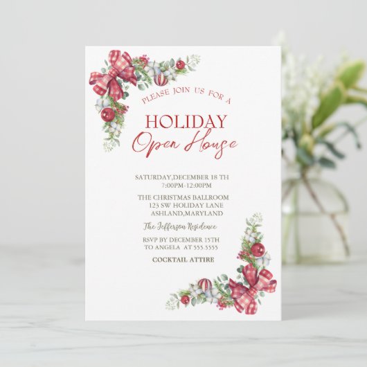 Invitation Pine Tree Branche, Boule, Bow Holiday Open House (Debout devant)