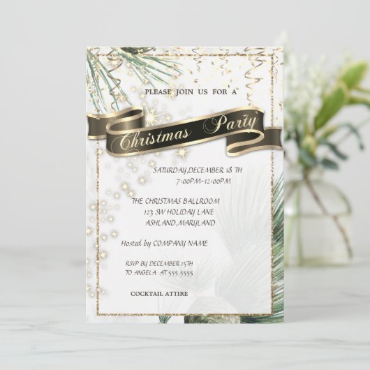 Invitation Pine Tree Branches Gold Noël Compagnie Parti (Debout devant)