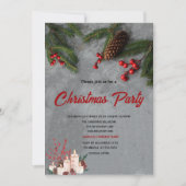 Invitation Pine Tree Branches Red Holly Berries Christmas (Devant)