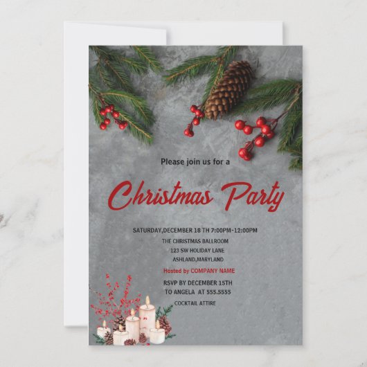 Invitation Pine Tree Branches Red Holly Berries Christmas  (Devant)