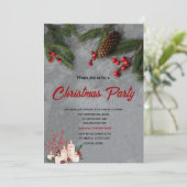 Invitation Pine Tree Branches Red Holly Berries Christmas  (Debout devant)