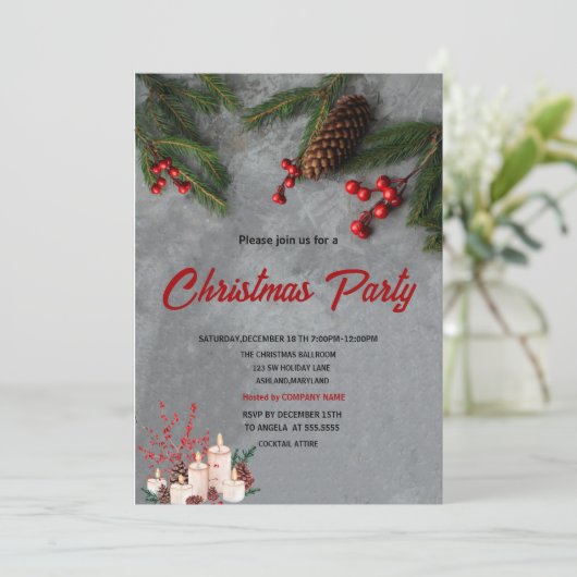 Invitation Pine Tree Branches Red Holly Berries Christmas (Debout devant)