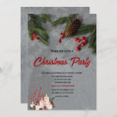 Invitation Pine Tree Branches Red Holly Berries Christmas  (Devant / Derrière)