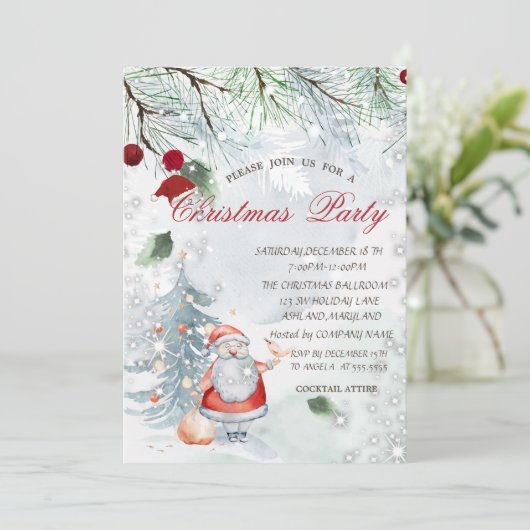 Invitation Pine Tree Branches Santa Claus Bird Christmas (Debout devant)