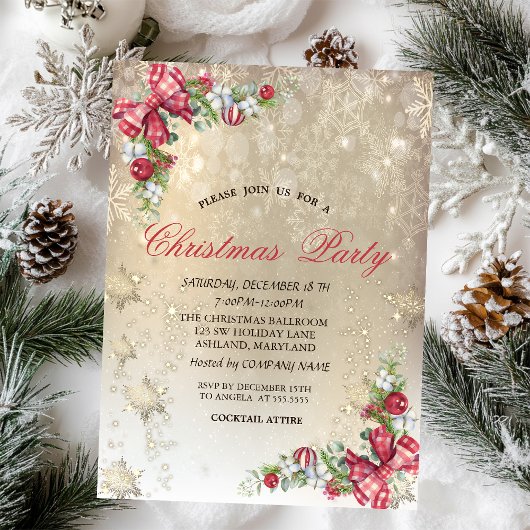 Invitation Pine Tree Branches Snowflakes Gold Party