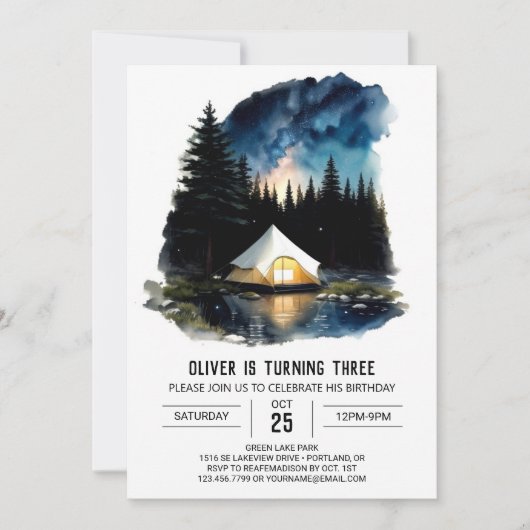 Invitation Pine Tree Campout Voyage Anniversaire (Devant)