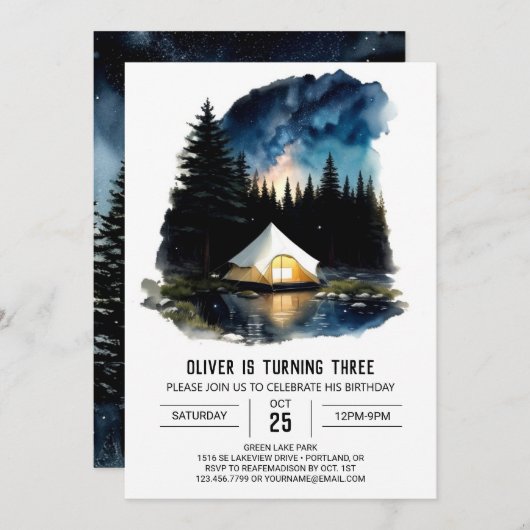 Invitation Pine Tree Campout Voyage Anniversaire (Devant / Derrière)