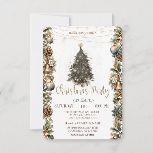 Invitation Pine Tree, Cloches, Balls, Pinecones Noël (Devant)