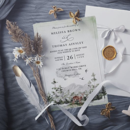 Invitation Pine Tree Deer Forest Mountain QR Code Wedding