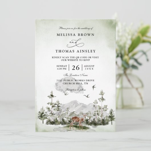 Invitation Pine Tree Deer Forest Mountain QR Code Wedding (Debout devant)