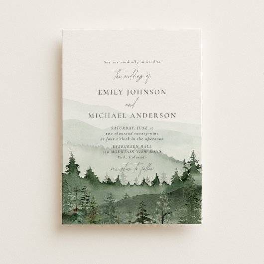 Invitation Pine Tree, Foggy Mountains Rustic Wedding 