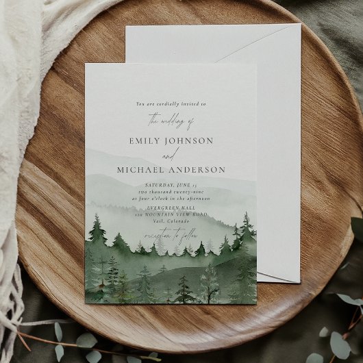 Invitation Pine tree, foggy mountais Rustic Wedding