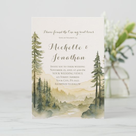 Invitation Pine Tree Forest Art Bible Verse Mariage chrétien (Debout devant)