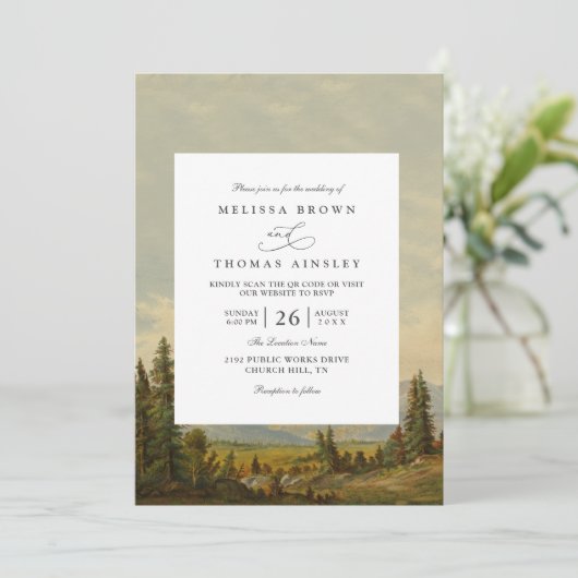 Invitation Pine Tree Forest Mountains Rustic QR Code Wedding (Debout devant)