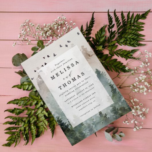 Invitation Pine Tree Forest Rustic Budget QR Code Wedding