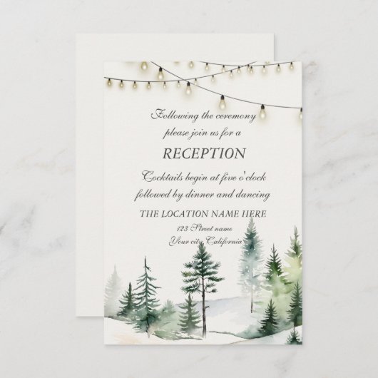 Invitation Pine Tree Forest, String Lights Mariage Réception (Devant / Derrière)
