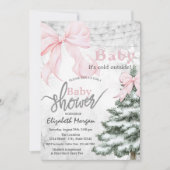 Invitation Pine Tree Pink Bow Snowflakes Baby Shower (Devant)