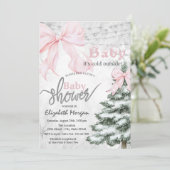 Invitation Pine Tree Pink Bow Snowflakes Baby Shower (Debout devant)