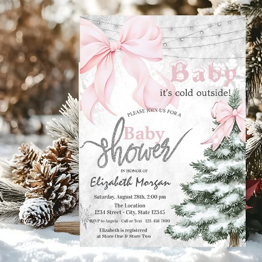Invitation Pine Tree Pink Bow Snowflakes Baby Shower