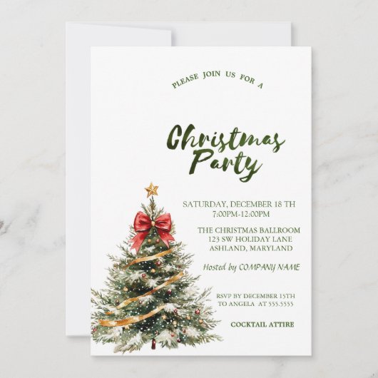 Invitation Pine Tree Red Bow Stars Green Christmas (Devant)