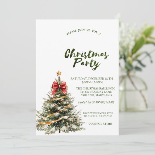 Invitation Pine Tree Red Bow Stars Green Christmas (Debout devant)