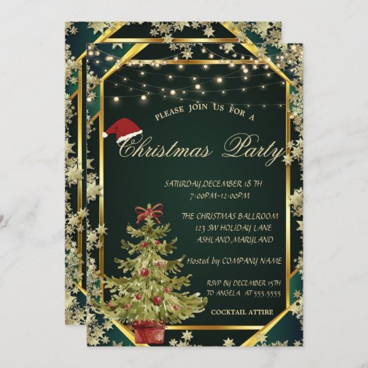 Invitation Pine Tree,Stars Lines Green Christmas Company (Devant / Derrière)