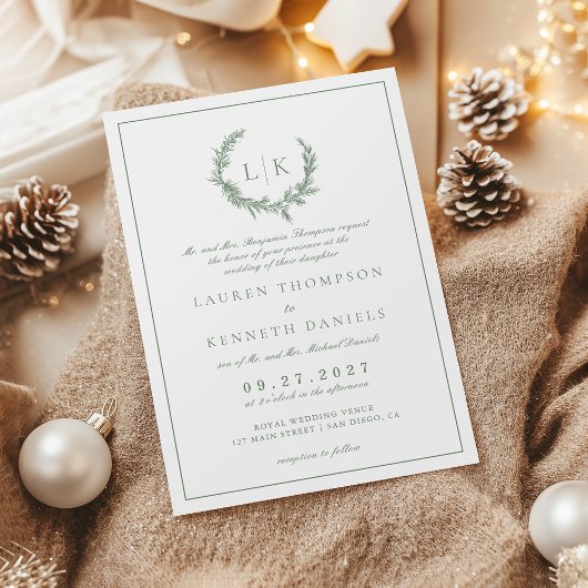 Invitation Pine Tree Wreath Sage vert QR Code Mariage