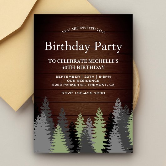 Invitation Pine Trees Bois rustique Fête d'anniversaire d'hiv