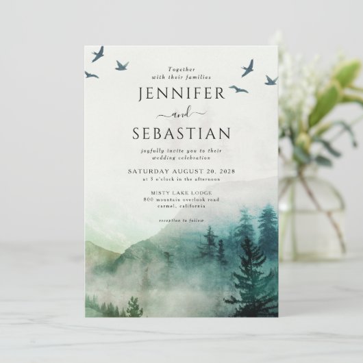 Invitation Pine Trees Forêt Rustique Aquarelle Mariage (Debout devant)