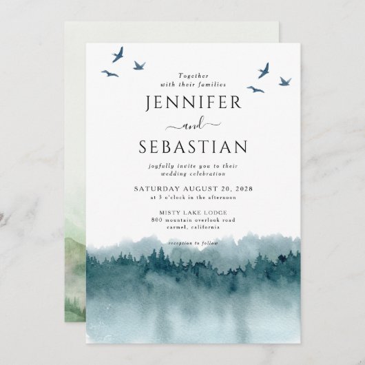 Invitation Pine Trees Forêt Rustique Aquarelle Mariage (Devant / Derrière)