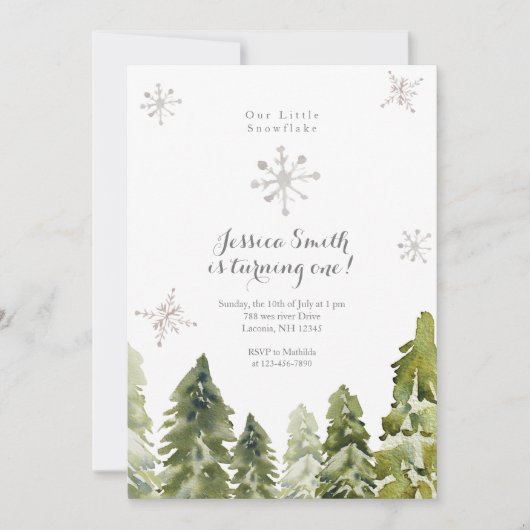 Invitation Pine Trees Snowflakes 1er anniversaire (Devant)