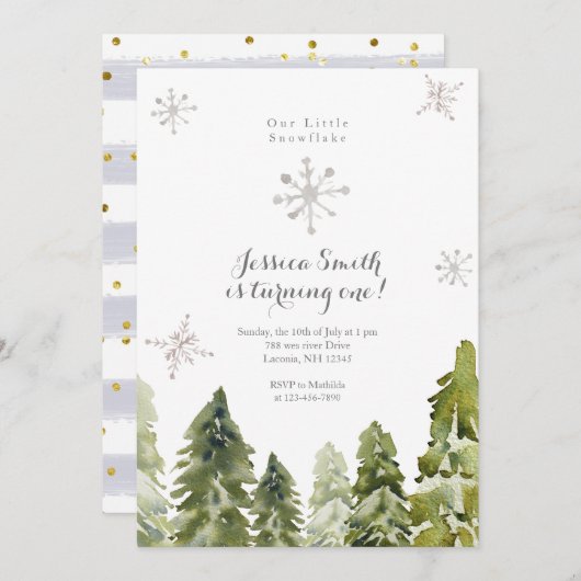 Invitation Pine Trees Snowflakes 1er anniversaire (Devant / Derrière)