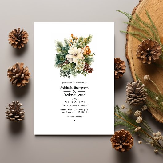 Invitation Pine vert et brunes douces Floral Winter Wedding