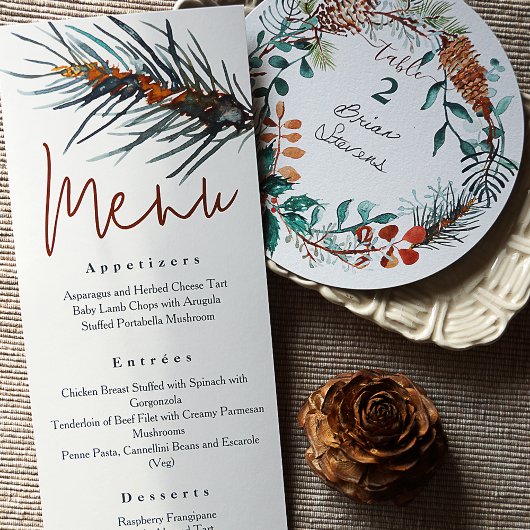 Invitation Pine Verte Rustique Aiguilles Réception Dîner Menu