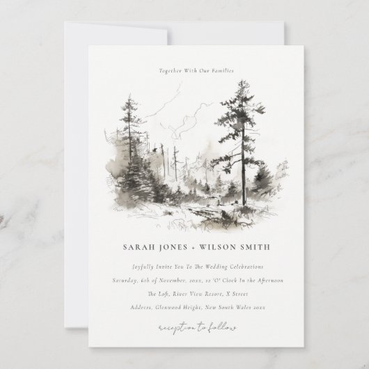 Invitation Pine Woods Mountain Paysage Mariage de croquis (Devant)