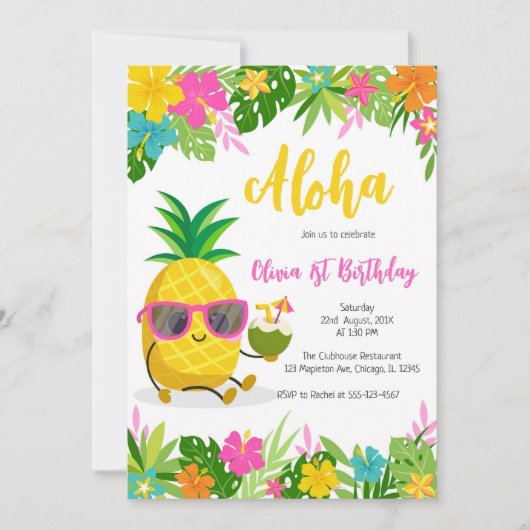 Invitation Pineapple Girl Birthday Aloha Hawaii Summer (Devant)