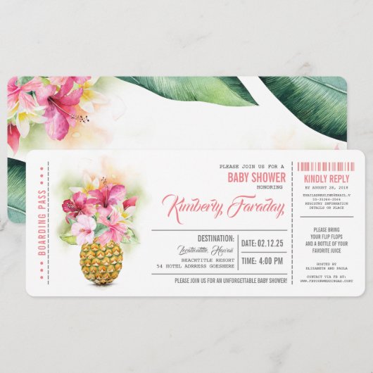 Invitation Pineappy Beach Boarding Pass Baby shower de billet (Devant / Derrière)