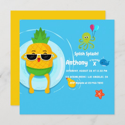 Invitation Pineappy Été Splish Splash Anniversaire de enfant  (Devant / Derrière)