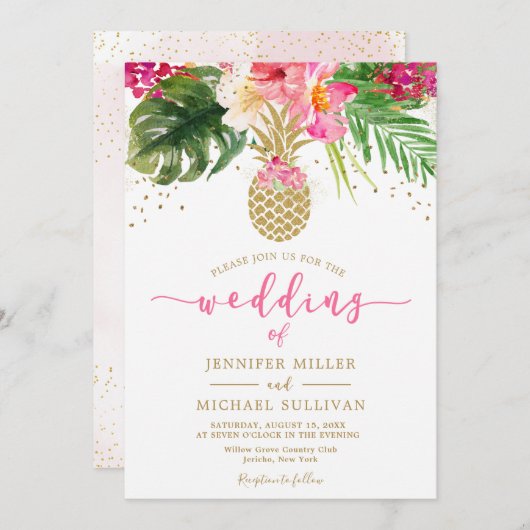 Invitation Pineappy rose or Floral Mariage tropical (Devant / Derrière)