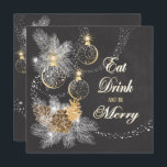 Invitation Pinecone Ornements Chalkboard Noël<br><div class="desc">Le thème de Noël festif présente des oeuvres d'art de tableau noir avec des cônes de pin, des branches de pin et des ornements délicats dorés. Avant de la carte a Ornate typographie texte disant Mangez, Buvez et Soyez Joyeux. Customisez le tout au texte sur la carte avec votre fête...</div>