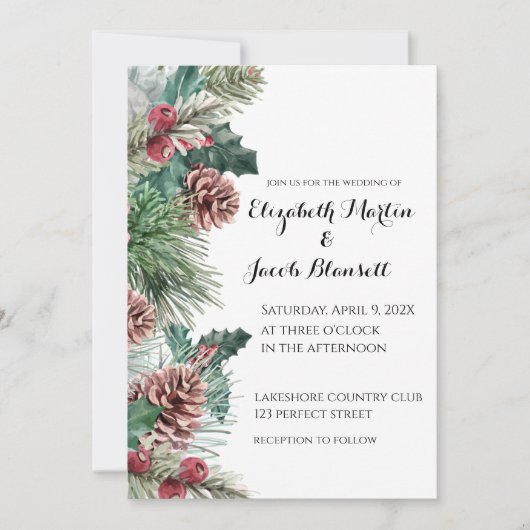 Invitation Pinecones d'hiver et Holly Mariage (Devant)