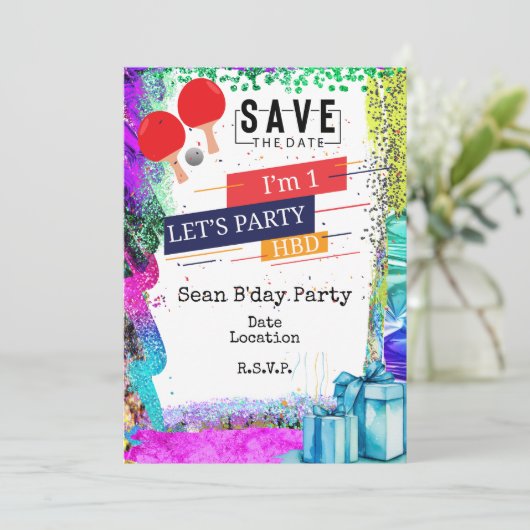 Invitation Ping Pong 1st Birday party Date de sauvegarde (Debout devant)