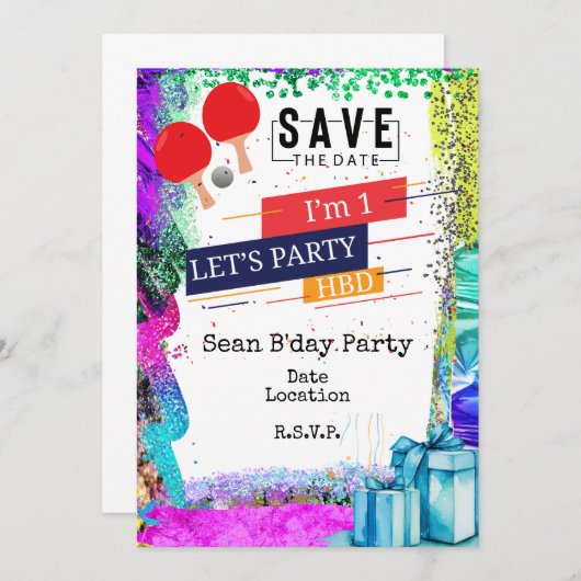 Invitation Ping Pong 1st Birday party Date de sauvegarde (Devant / Derrière)
