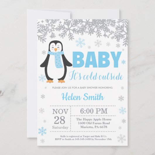 Invitation Pingin Winter Blue Boy Baby shower Flocon de neige (Devant)
