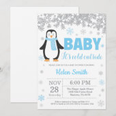 Invitation Pingin Winter Blue Boy Baby shower Flocon de neige (Devant / Derrière)