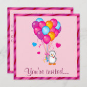 Invitation Pingouin avec la fête d'anniversaire de ballons (Devant / Derrière)