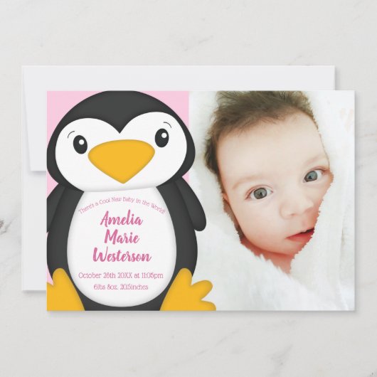 Invitation Pingouin Baby shower fille rose (Devant)