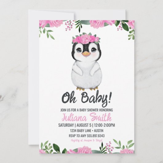 Invitation Pingouin Baby shower Floral rose noir (Devant)