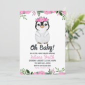 Invitation Pingouin Baby shower Floral rose noir (Debout devant)