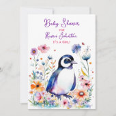Invitation Pingouin bébé en fleurs Baby shower de fille (Devant)